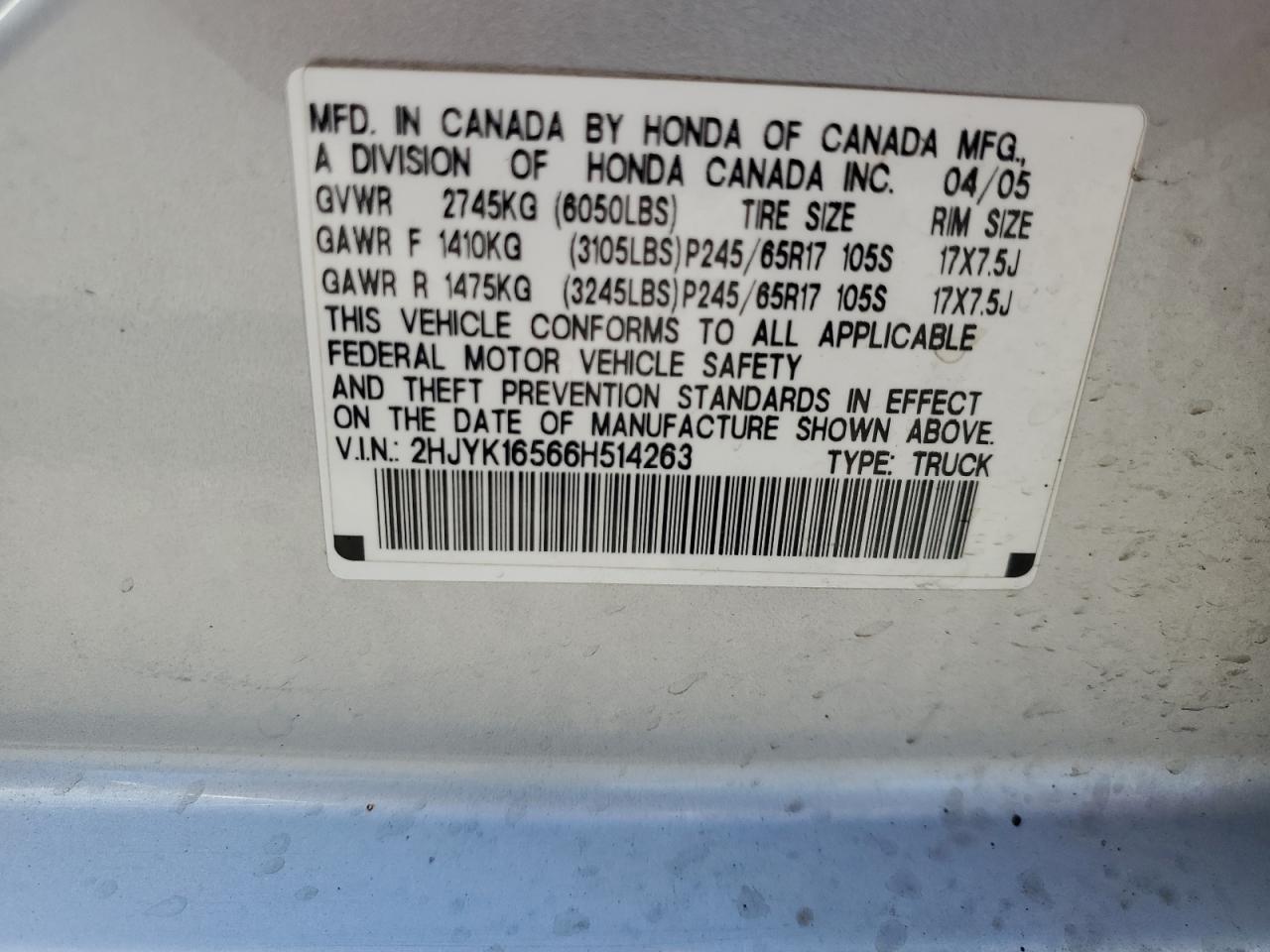 2hjyk16566h514263 2HJYK16566H514263 2006 Honda Ridgeline Rtl