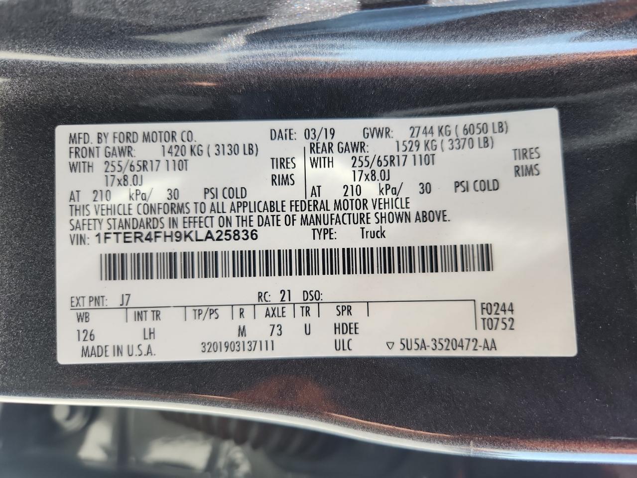 2019 Ford Ranger Xl VIN: 1FTER4FH9KLA25836 Lot: 64454175