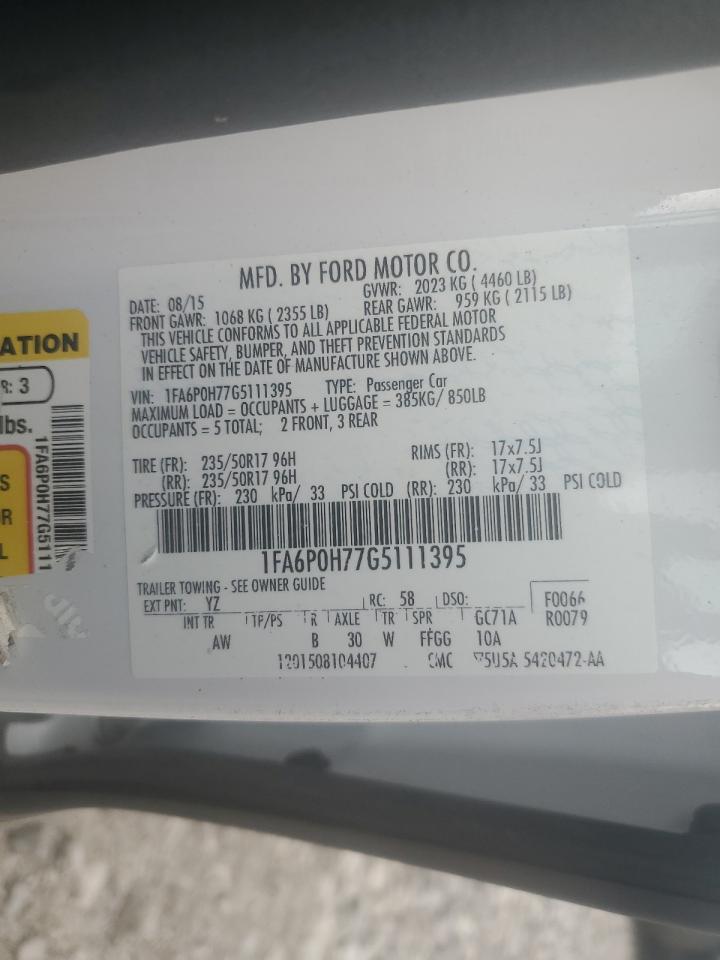 2016 Ford Fusion Se VIN: 1FA6P0H77G5111395 Lot: 64942605