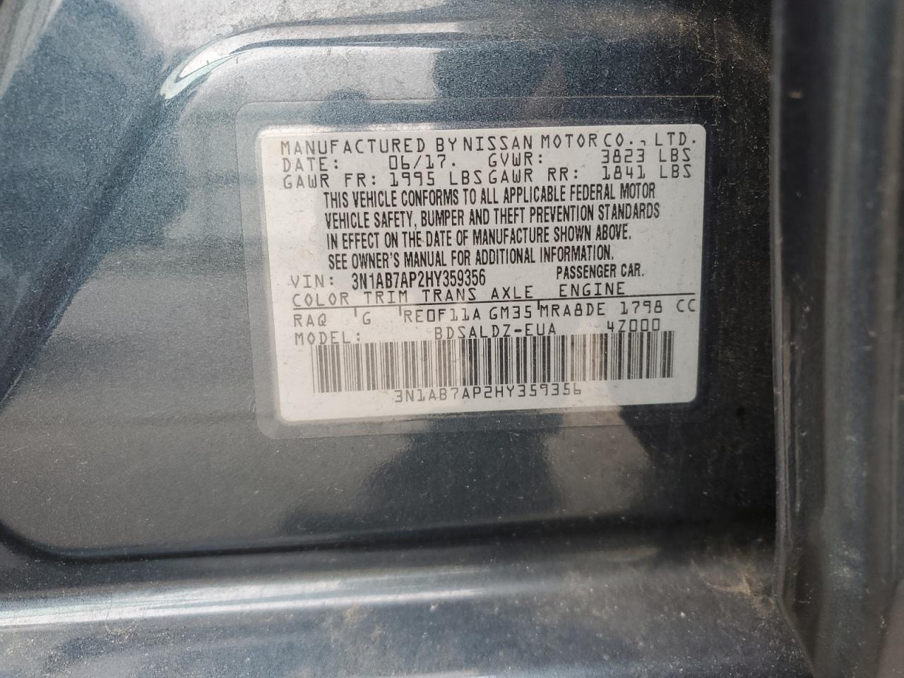2017 Nissan Sentra S VIN: 3N1AB7AP2HY359356 Lot: 64049785