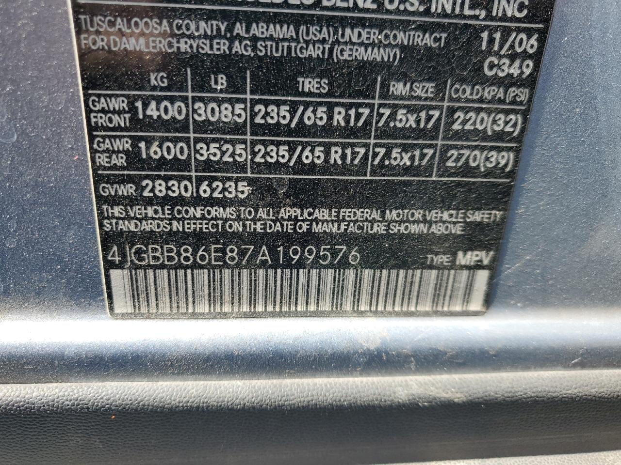 2007 Mercedes-Benz Ml 350 VIN: 4JGBB86E87A199576 Lot: 64317005