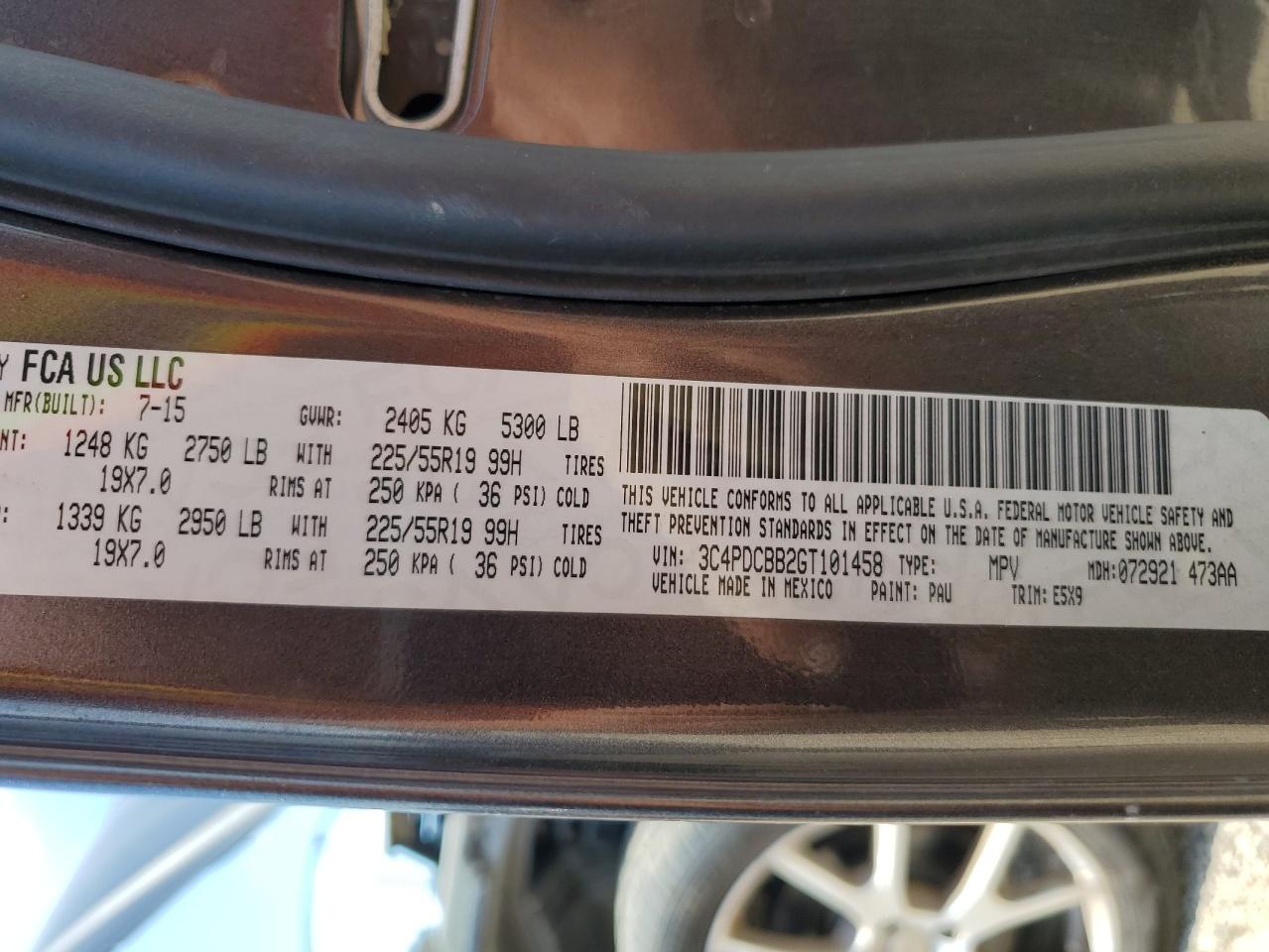 2016 Dodge Journey Sxt VIN: 3C4PDCBB2GT101458 Lot: 66004465