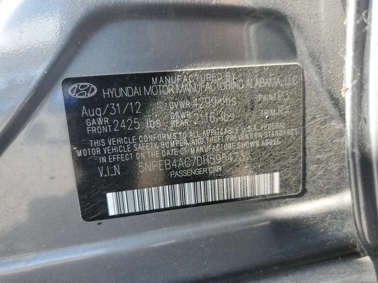 2013 Hyundai Sonata Gls VIN: 5NPEB4AC7DH595423 Lot: 63494495