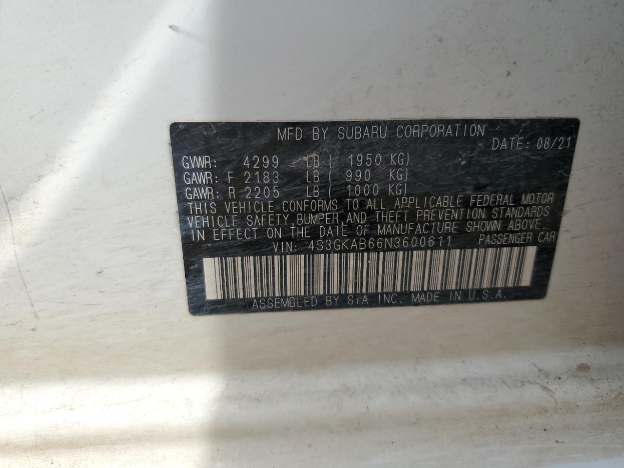 2022 Subaru Impreza VIN: 4S3GKAB66N3600611 Lot: 65934835