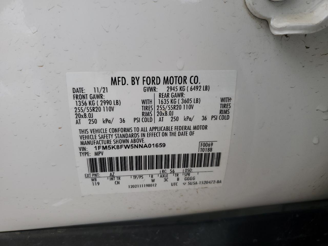 2022 Ford Explorer Limited VIN: 1FM5K8FW5NNA01659 Lot: 65059045