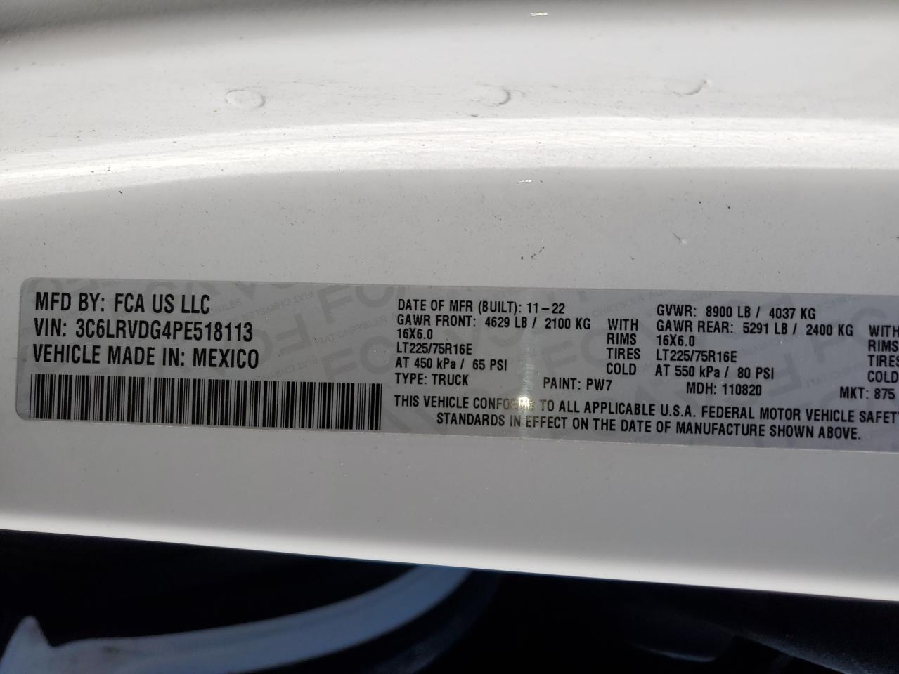 2023 Ram Promaster 2500 2500 High VIN: 3C6LRVDG4PE518113 Lot: 63499355