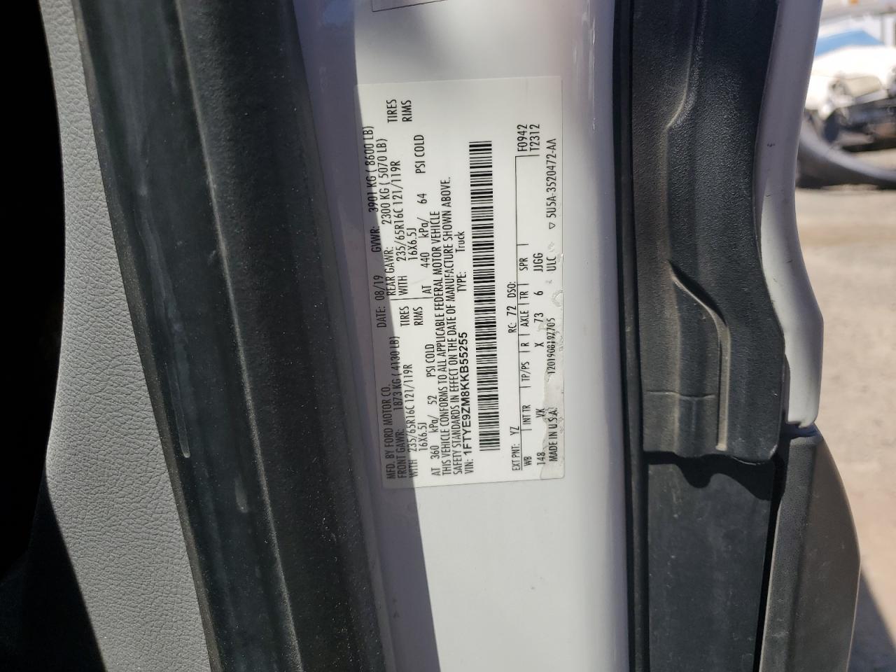 2019 Ford Transit T-150 VIN: 1FTYE9ZM8KKB55255 Lot: 63336665