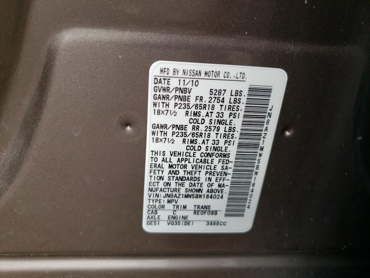2011 Nissan Murano S VIN: JN8AZ1MW5BW164024 Lot: 64353495