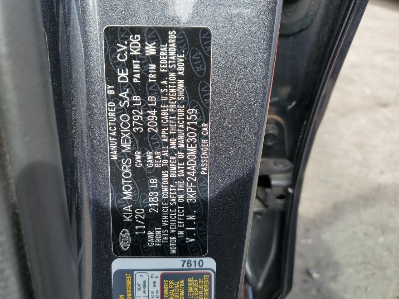 2021 Kia Forte Fe VIN: 3KPF24AD0ME307159 Lot: 66041175