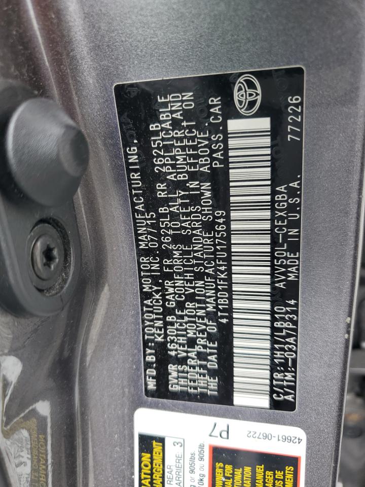 2015 Toyota Camry Hybrid VIN: 4T1BD1FK4FU175649 Lot: 65450095