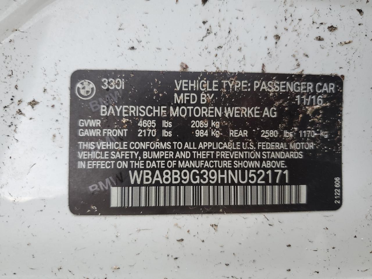 2017 BMW 330 I VIN: WBA8B9G39HNU52171 Lot: 63921565