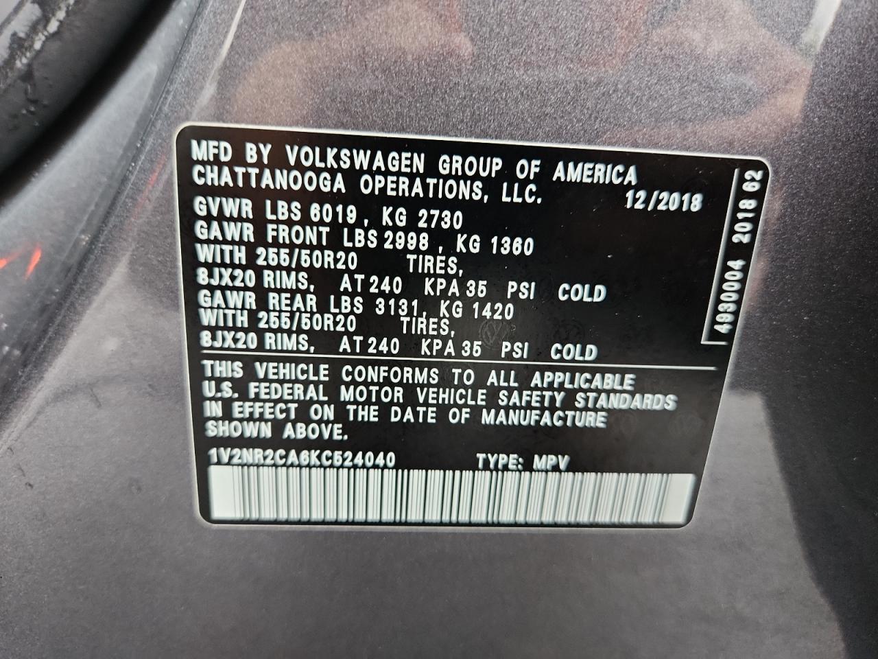 2019 Volkswagen Atlas Sel Premium VIN: 1V2NR2CA6KC524040 Lot: 64377655