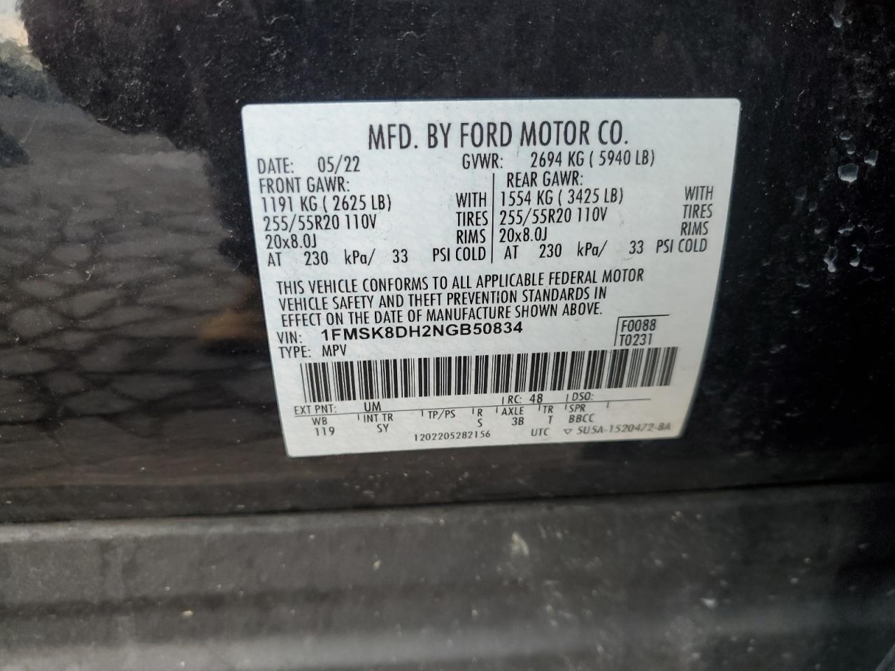 2022 Ford Explorer Xlt VIN: 1FMSK8DH2NGB50834 Lot: 64191535