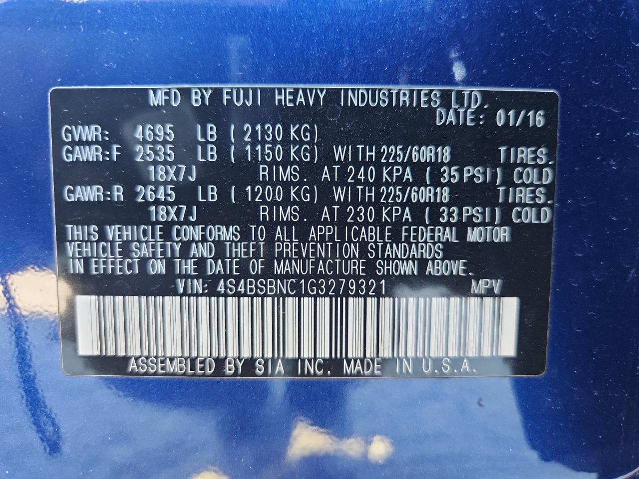 2016 Subaru Outback 2.5I Limited VIN: 4S4BSBNC1G3279321 Lot: 63666825