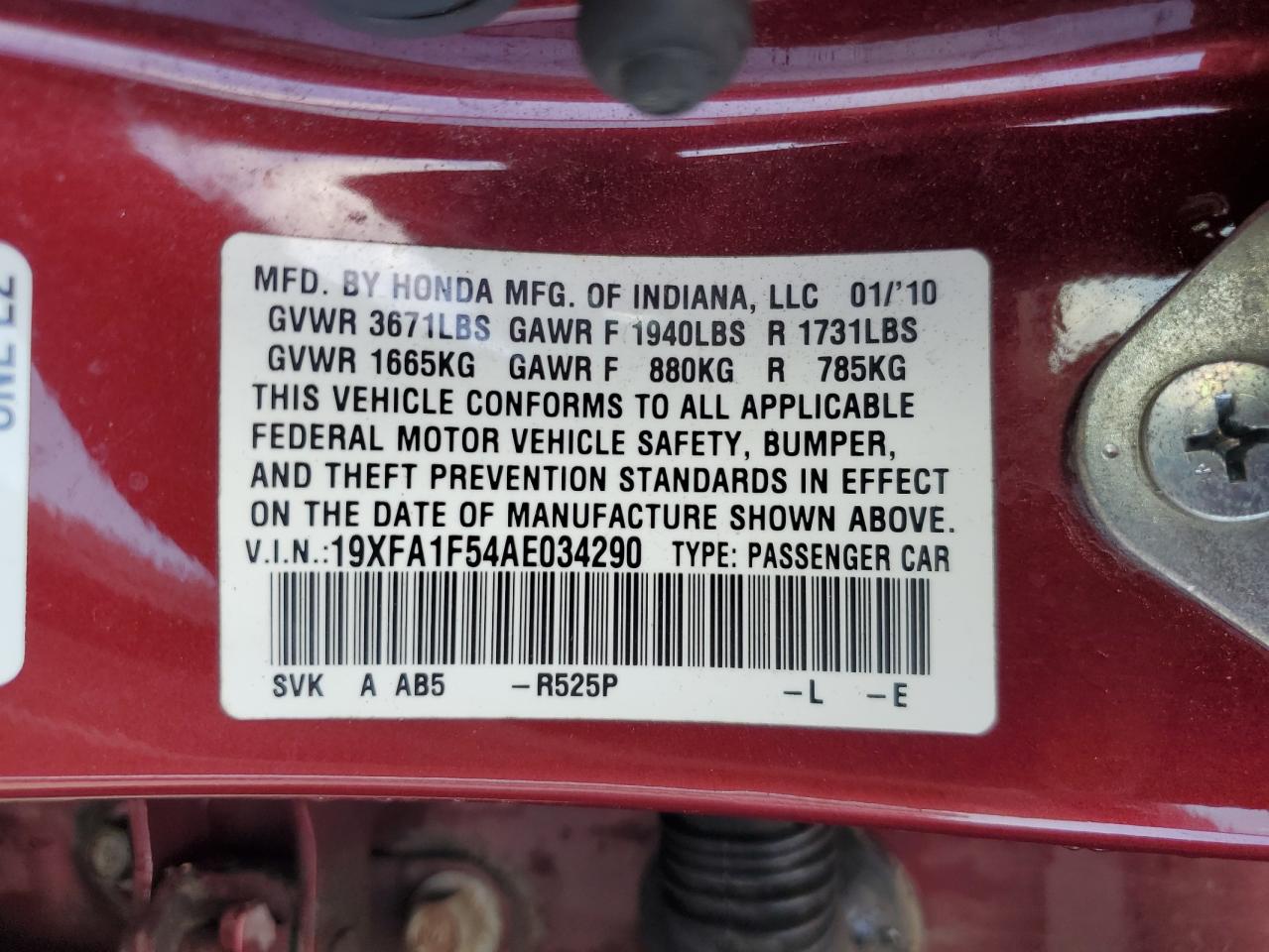 2010 Honda Civic Lx VIN: 19XFA1F54AE034290 Lot: 65441635