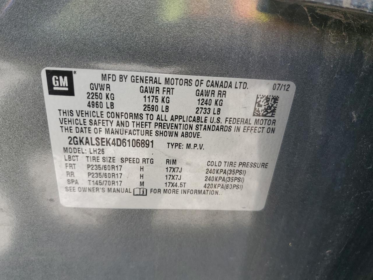 2013 GMC Terrain Sle VIN: 2GKALSEK4D6106891 Lot: 65128345