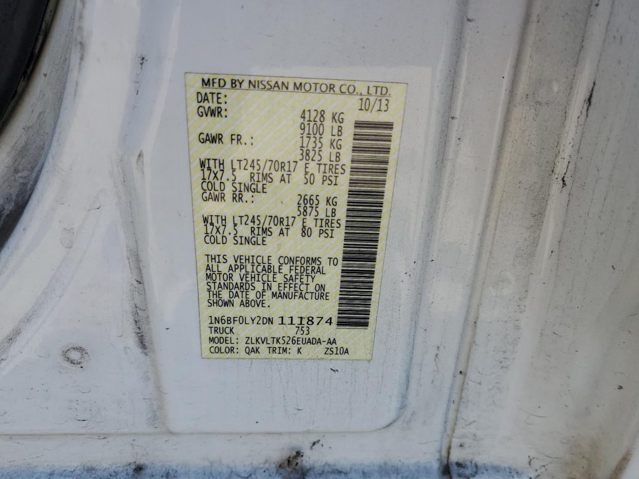 2013 Nissan Nv 2500 VIN: 1N6BF0LY2DN111874 Lot: 65280025