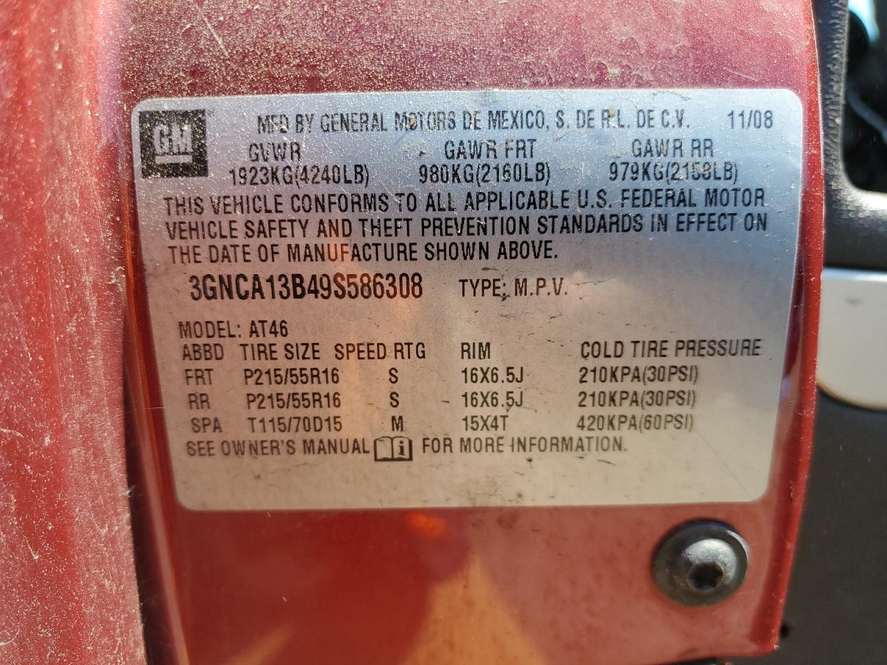 3gnca13b49s586308 3GNCA13B49S586308 2009 Chevrolet Hhr Ls
