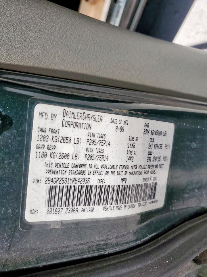 2000 Dodge Caravan VIN: 2B4GP2531YR542036 Lot: 65598635