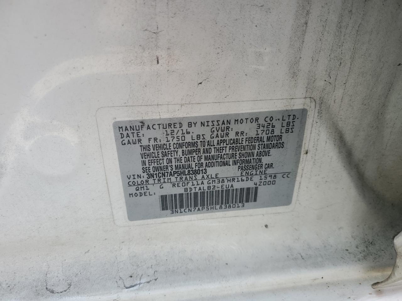 2017 Nissan Versa S VIN: 3N1CN7AP5HL838013 Lot: 64959265