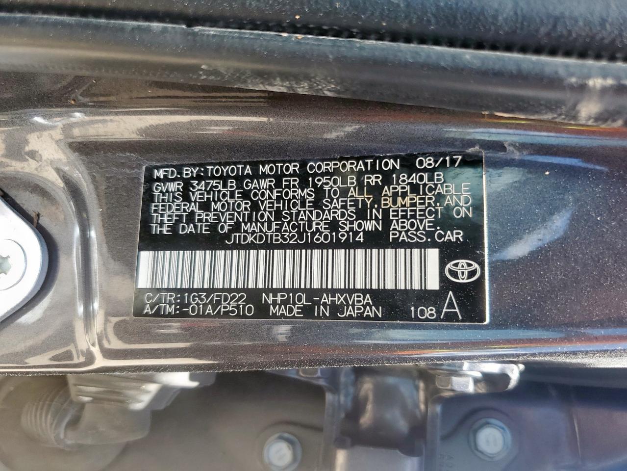 2018 Toyota Prius C VIN: JTDKDTB32J1601914 Lot: 64324445