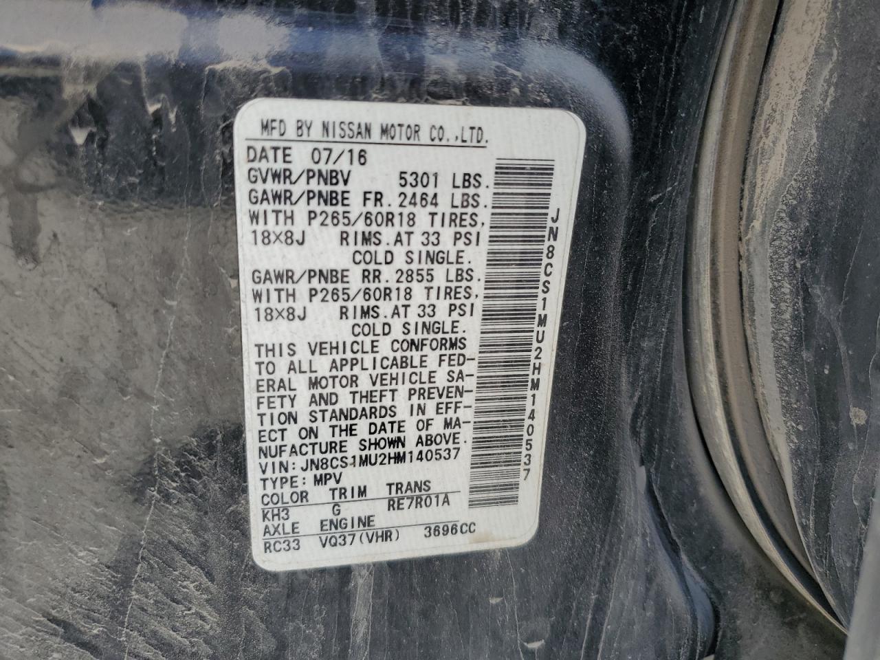 2017 Infiniti Qx70 VIN: JN8CS1MU2HM140537 Lot: 64377235