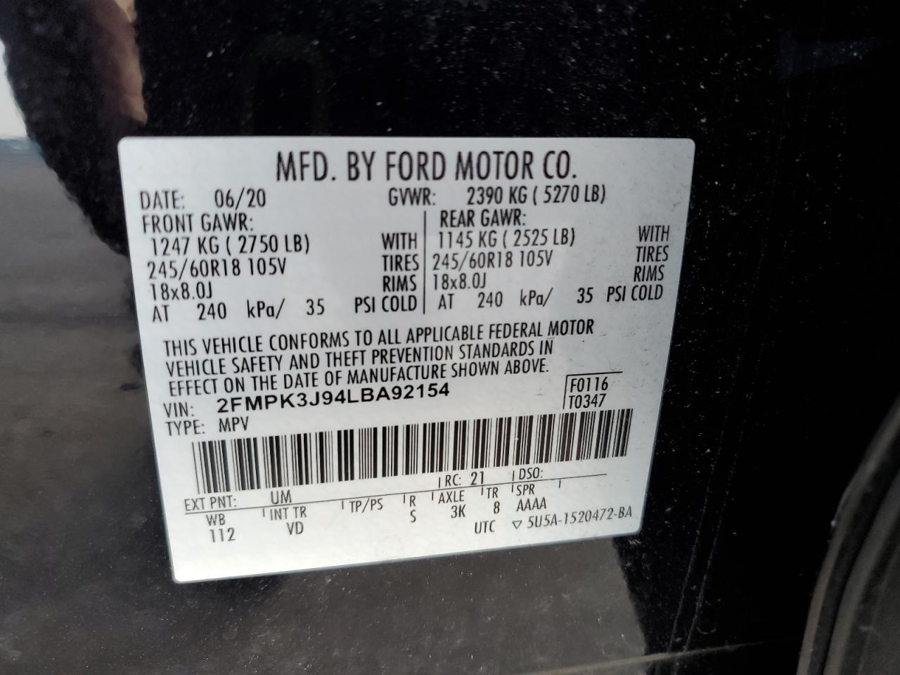 2020 Ford Edge Sel VIN: 2FMPK3J94LBA92154 Lot: 65060385