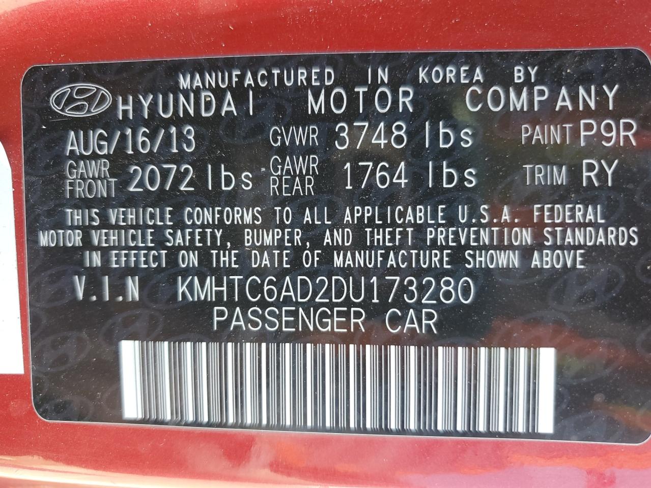 2013 Hyundai Veloster VIN: KMHTC6AD2DU173280 Lot: 65266655