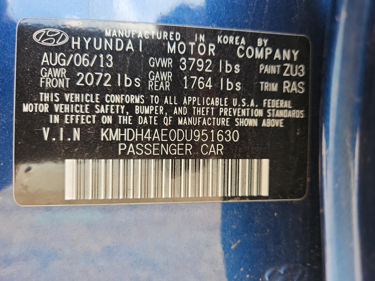2013 Hyundai Elantra Gls VIN: KMHDH4AE0DU951630 Lot: 63833375