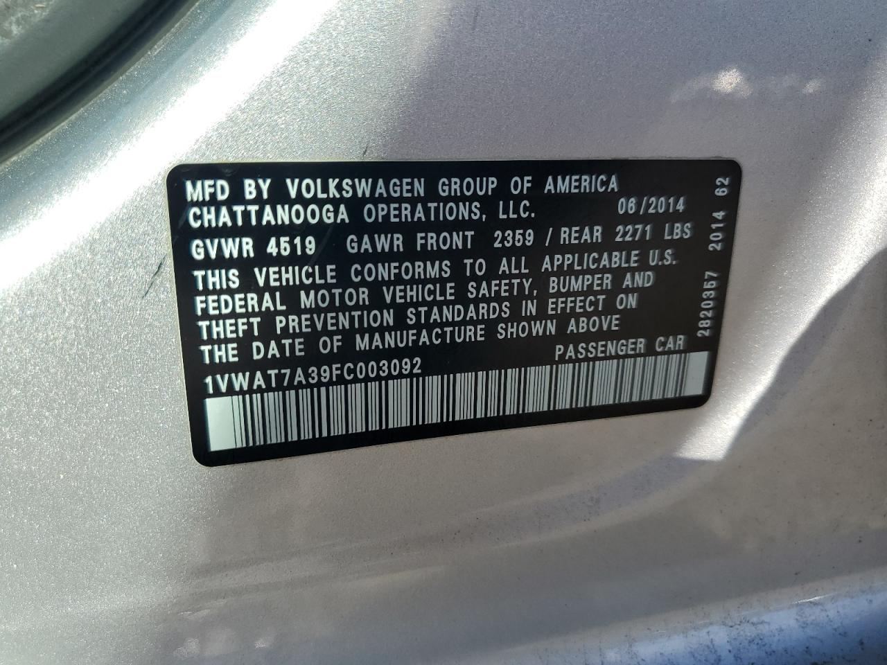 2015 Volkswagen Passat S VIN: 1VWAT7A39FC003092 Lot: 64839705