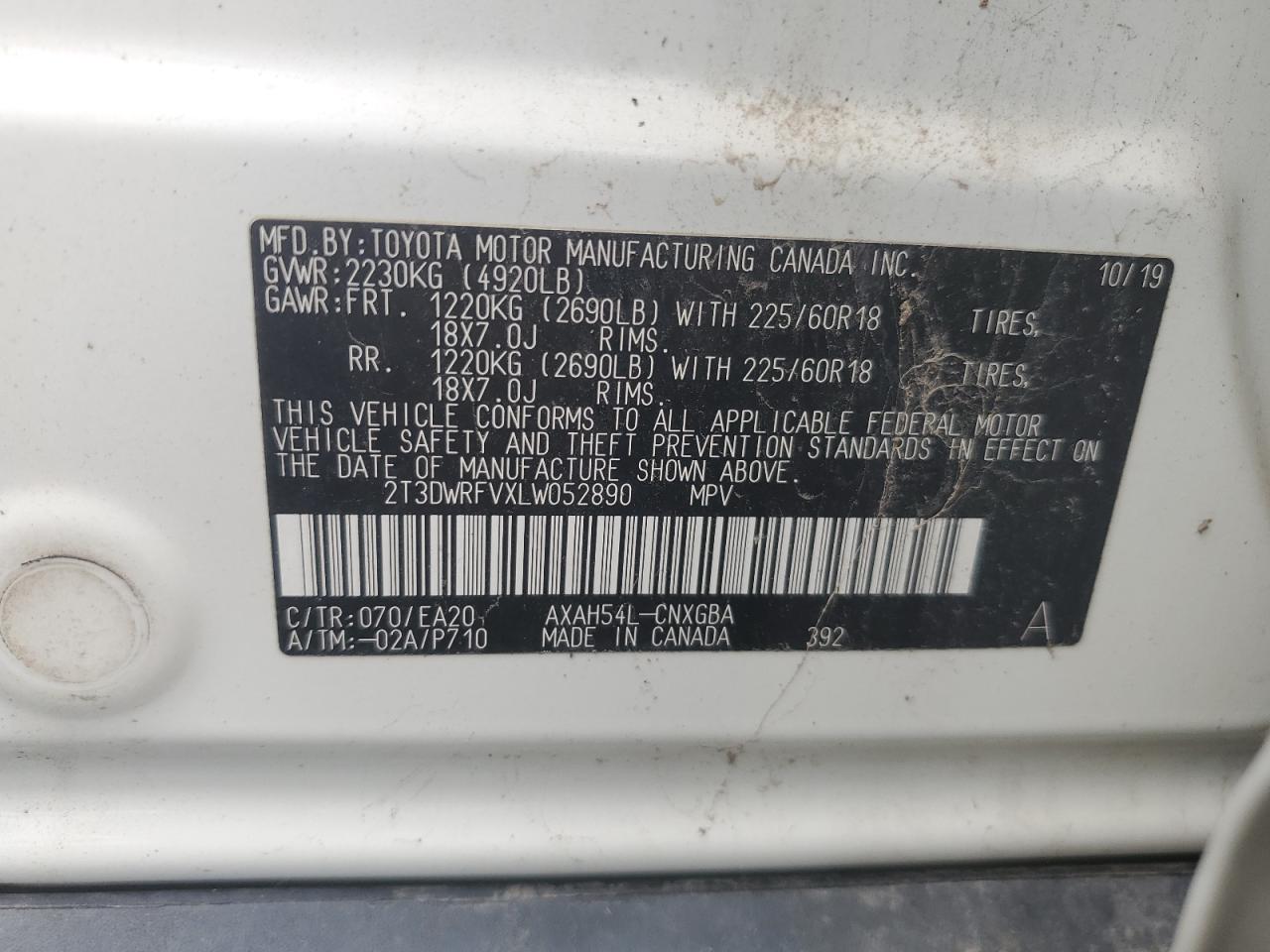2020 Toyota Rav4 Limited VIN: 2T3DWRFVXLW052890 Lot: 63474015