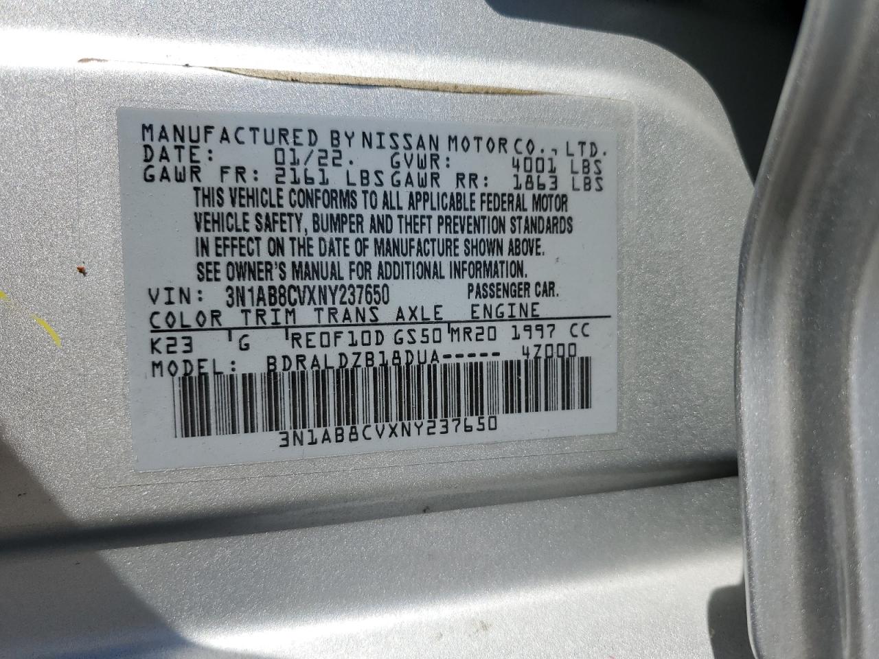 2022 Nissan Sentra Sv VIN: 3N1AB8CVXNY237650 Lot: 64372395
