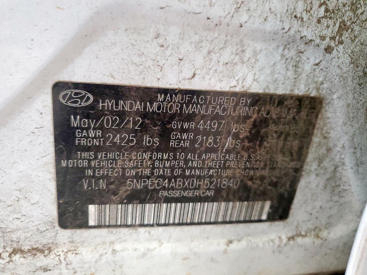 2013 Hyundai Sonata Se VIN: 5NPEC4ABXDH521840 Lot: 63308935