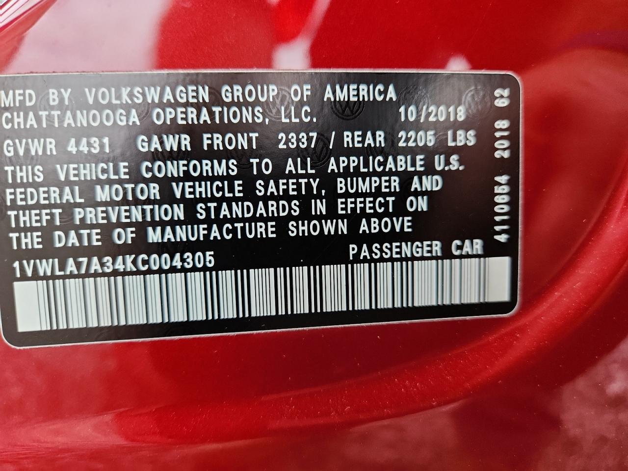 2019 Volkswagen Passat Wolfsburg VIN: 1VWLA7A34KC004305 Lot: 64214565