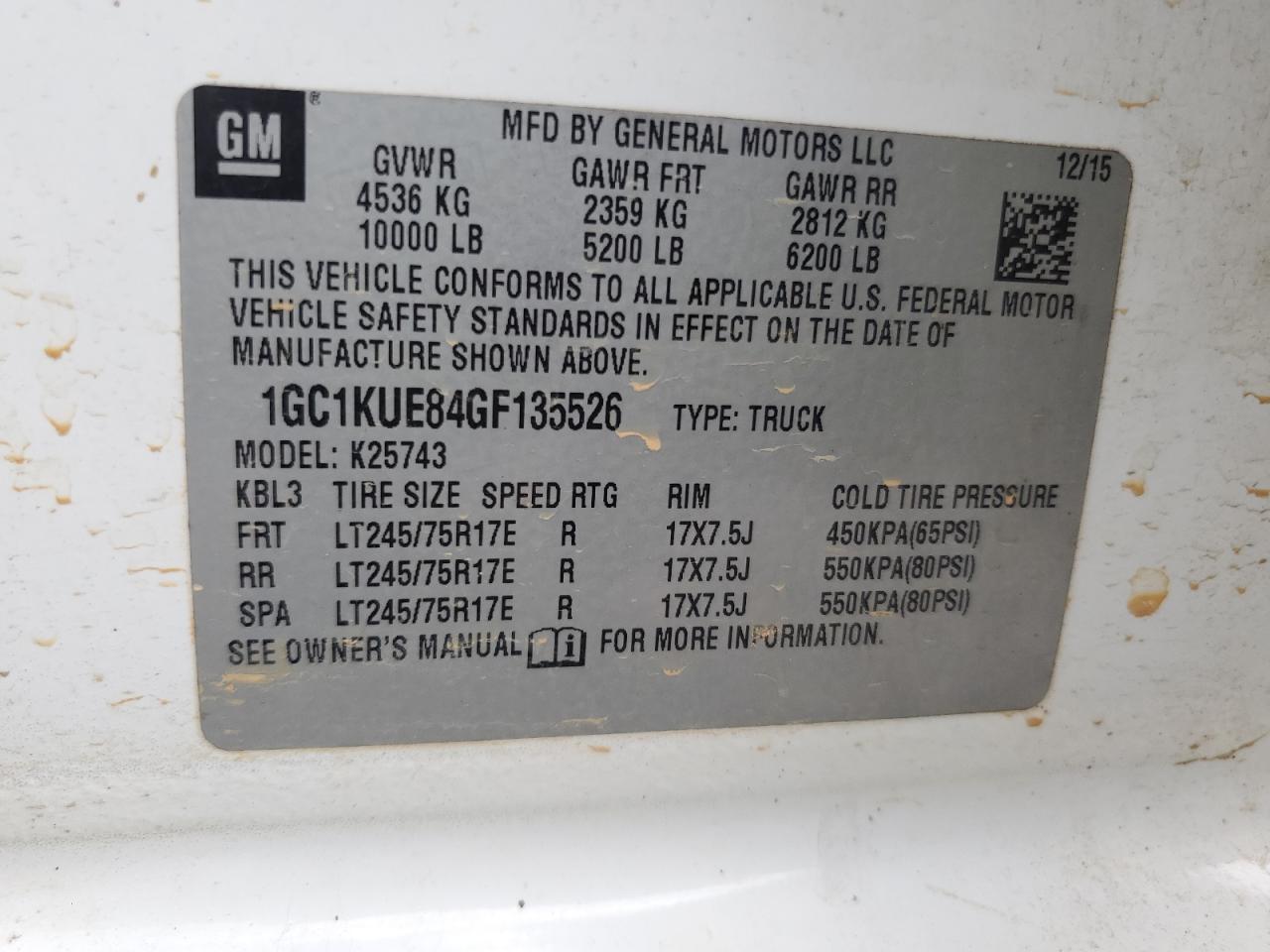 2016 Chevrolet Silverado K2500 Heavy Duty VIN: 1GC1KUE84GF135526 Lot: 65283415