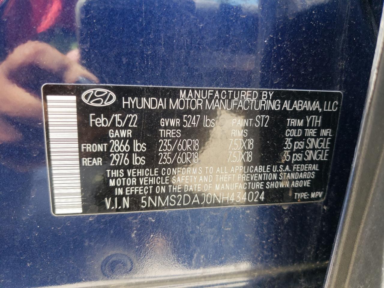 2022 Hyundai Santa Fe Sel VIN: 5NMS2DAJ0NH434024 Lot: 63463255