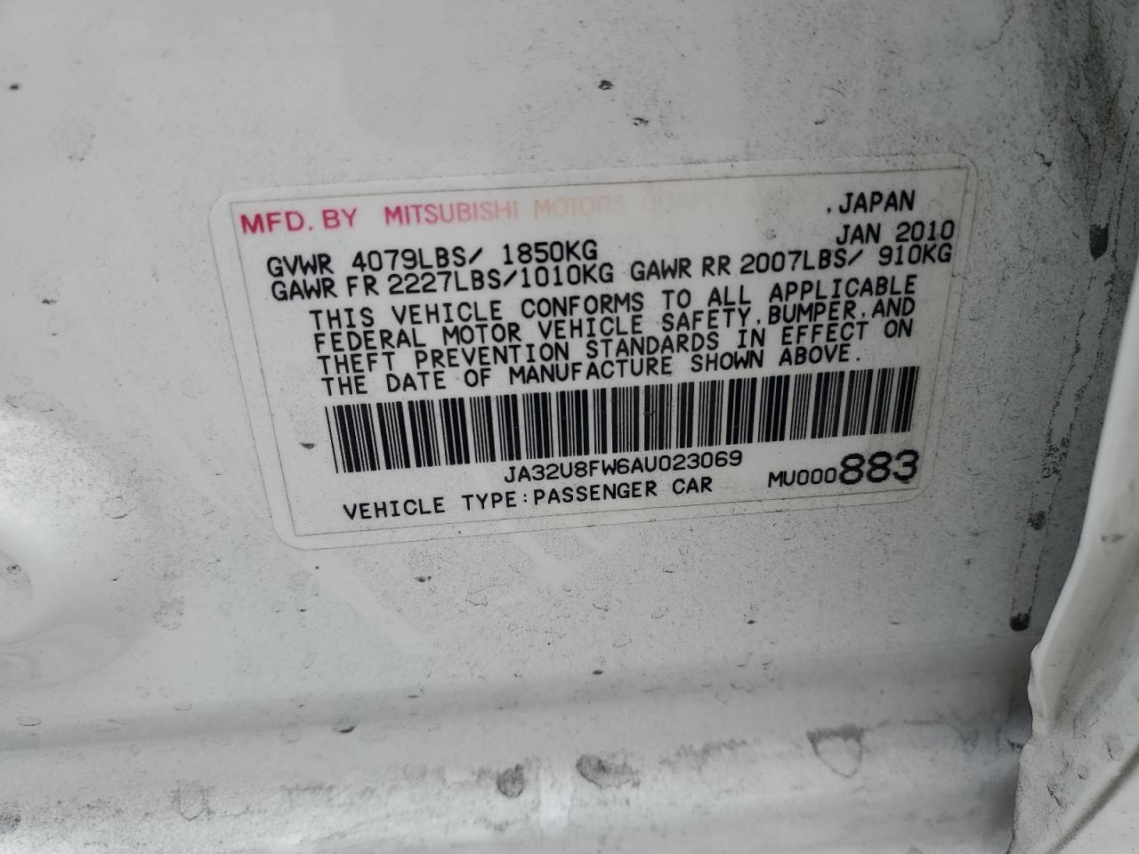 2010 Mitsubishi Lancer Gts VIN: JA32U8FW6AU023069 Lot: 64611295