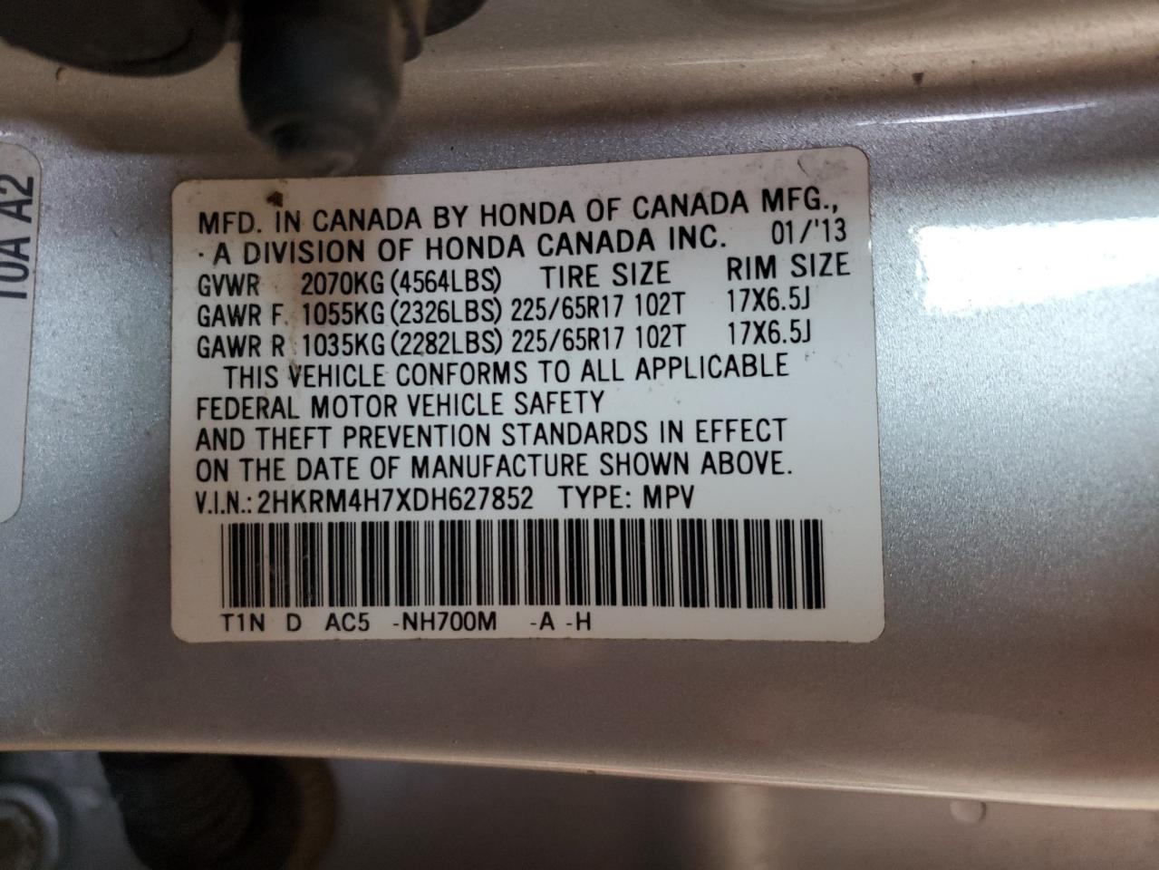 2013 Honda Cr-V Exl VIN: 2HKRM4H7XDH627852 Lot: 63943675
