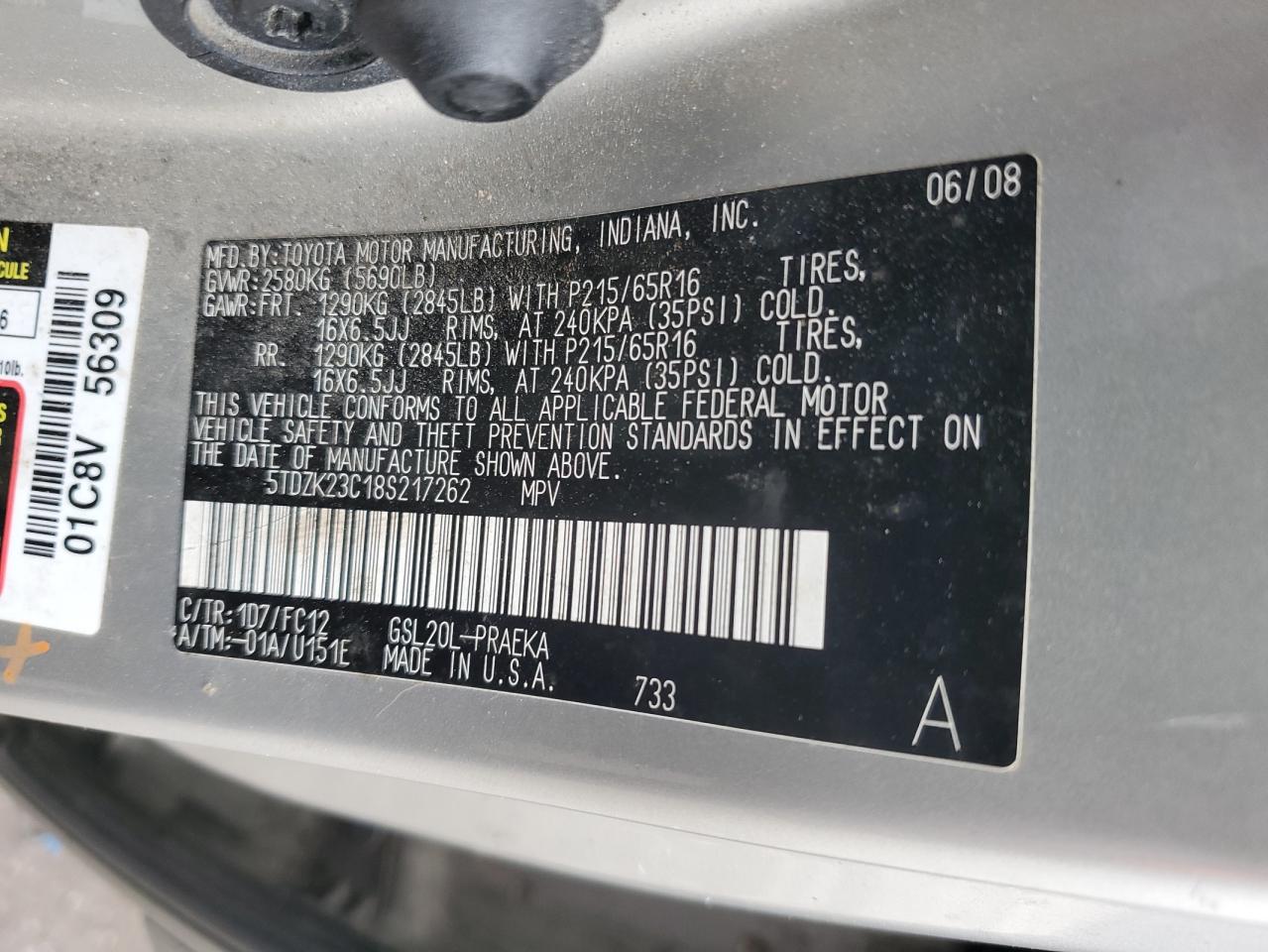 2008 Toyota Sienna Ce VIN: 5TDZK23C18S217262 Lot: 64292865