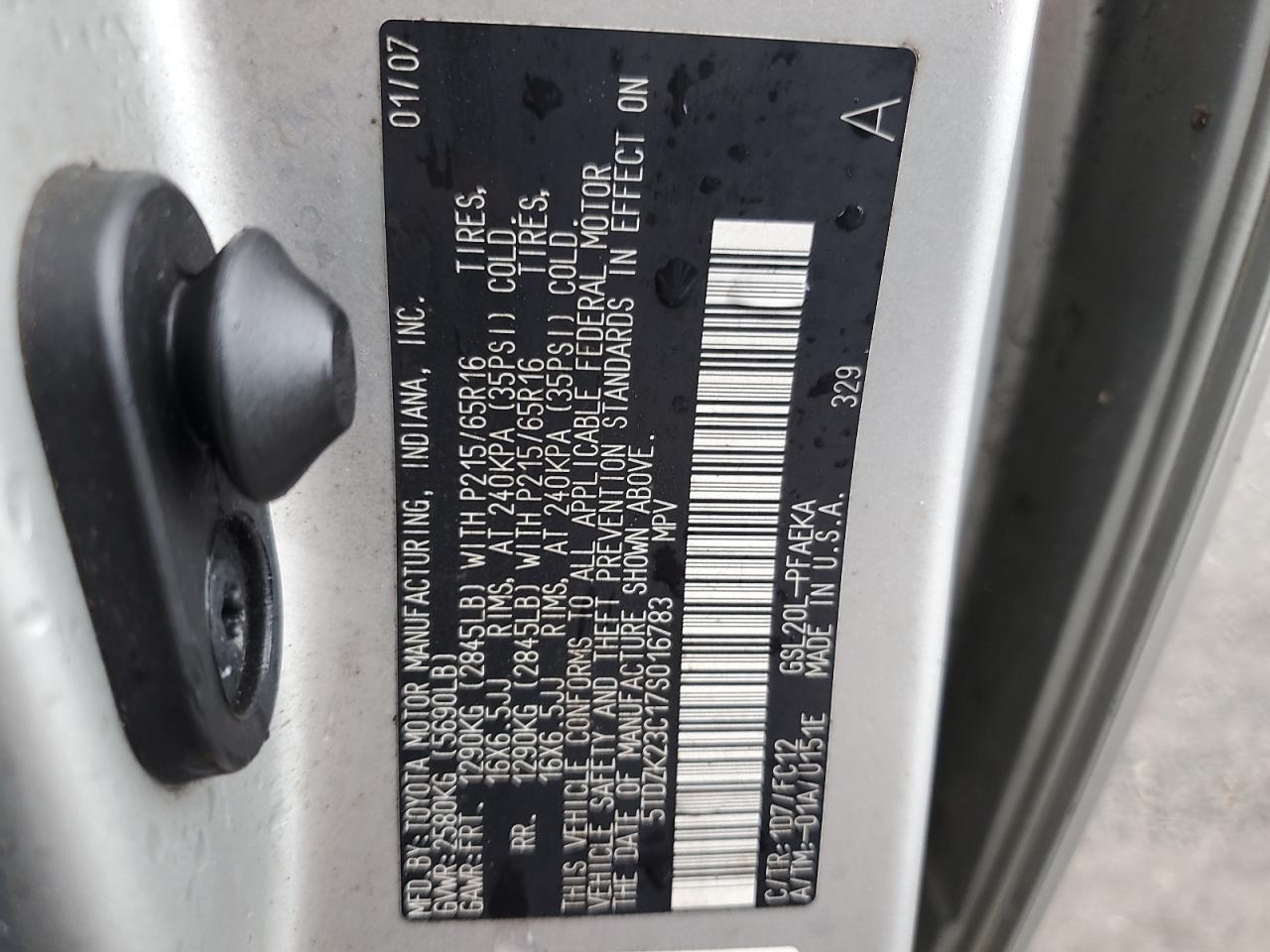 2007 Toyota Sienna Ce VIN: 5TDZK23C17S016783 Lot: 63147565