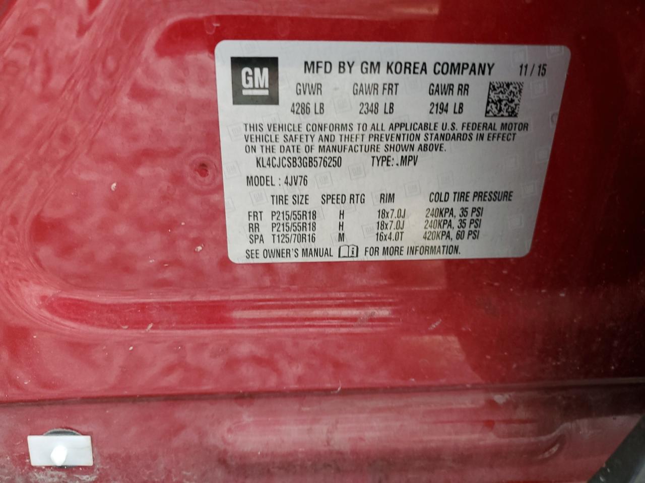 2016 Buick Encore VIN: KL4CJCSB3GB576250 Lot: 65152605