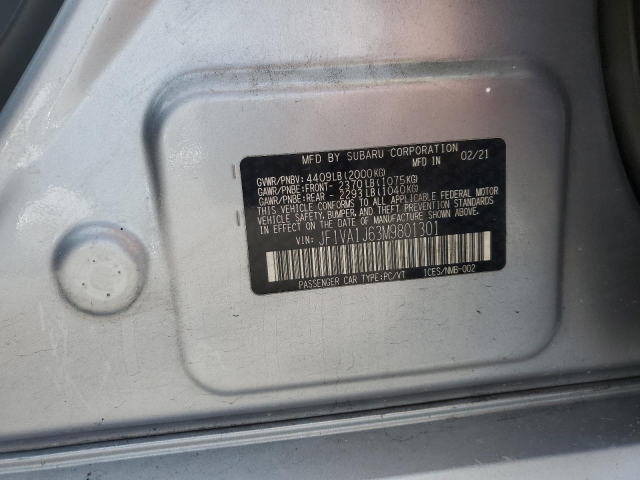 2021 Subaru Wrx Limited VIN: JF1VA1J63M9801301 Lot: 64726975
