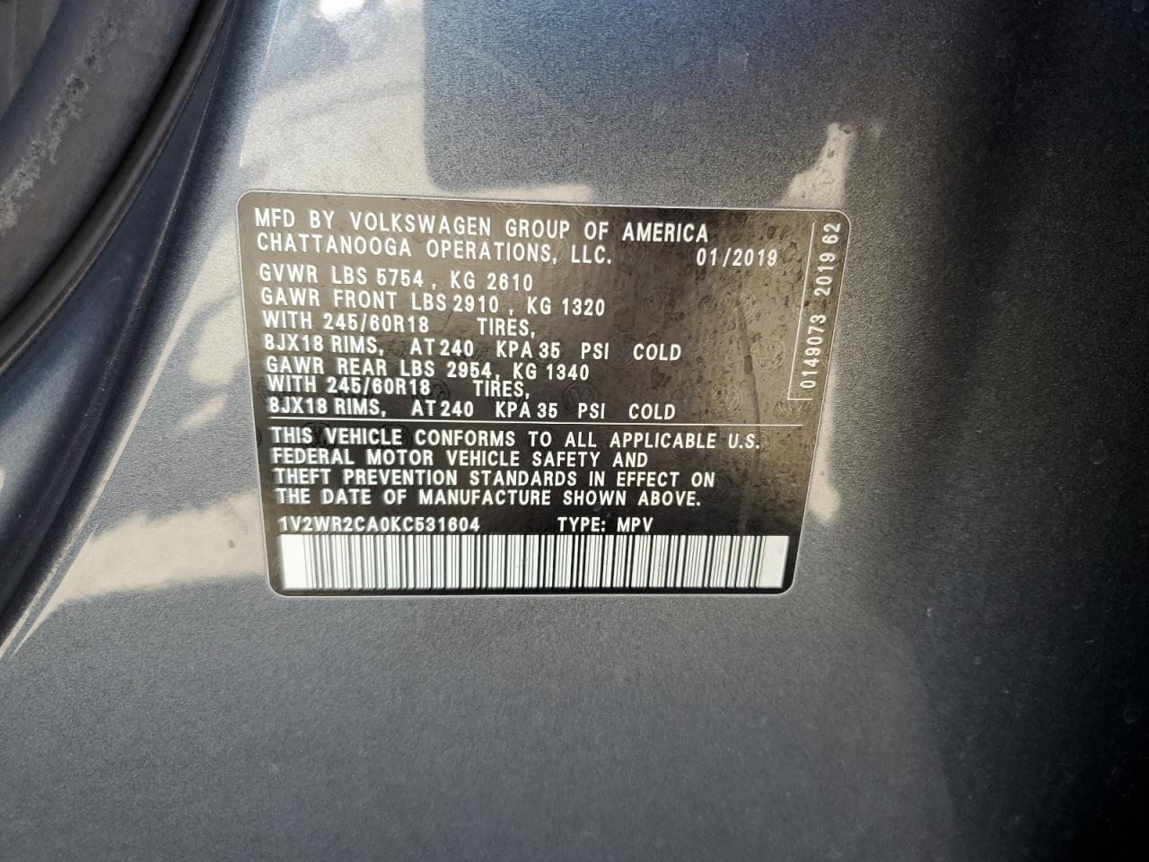 2019 Volkswagen Atlas Se VIN: 1V2WR2CA0KC531604 Lot: 63927375
