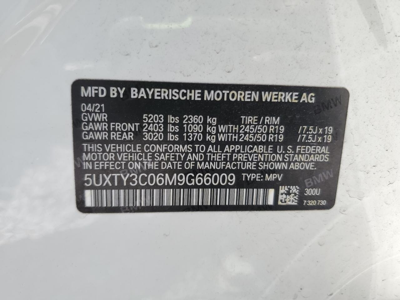 2021 BMW X3 Sdrive30I VIN: 5UXTY3C06M9G66009 Lot: 62031595