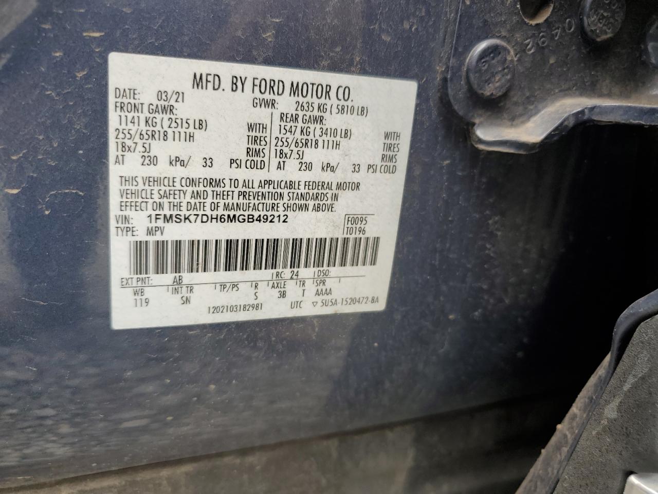 2021 Ford Explorer Xlt VIN: 1FMSK7DH6MGB49212 Lot: 64276955