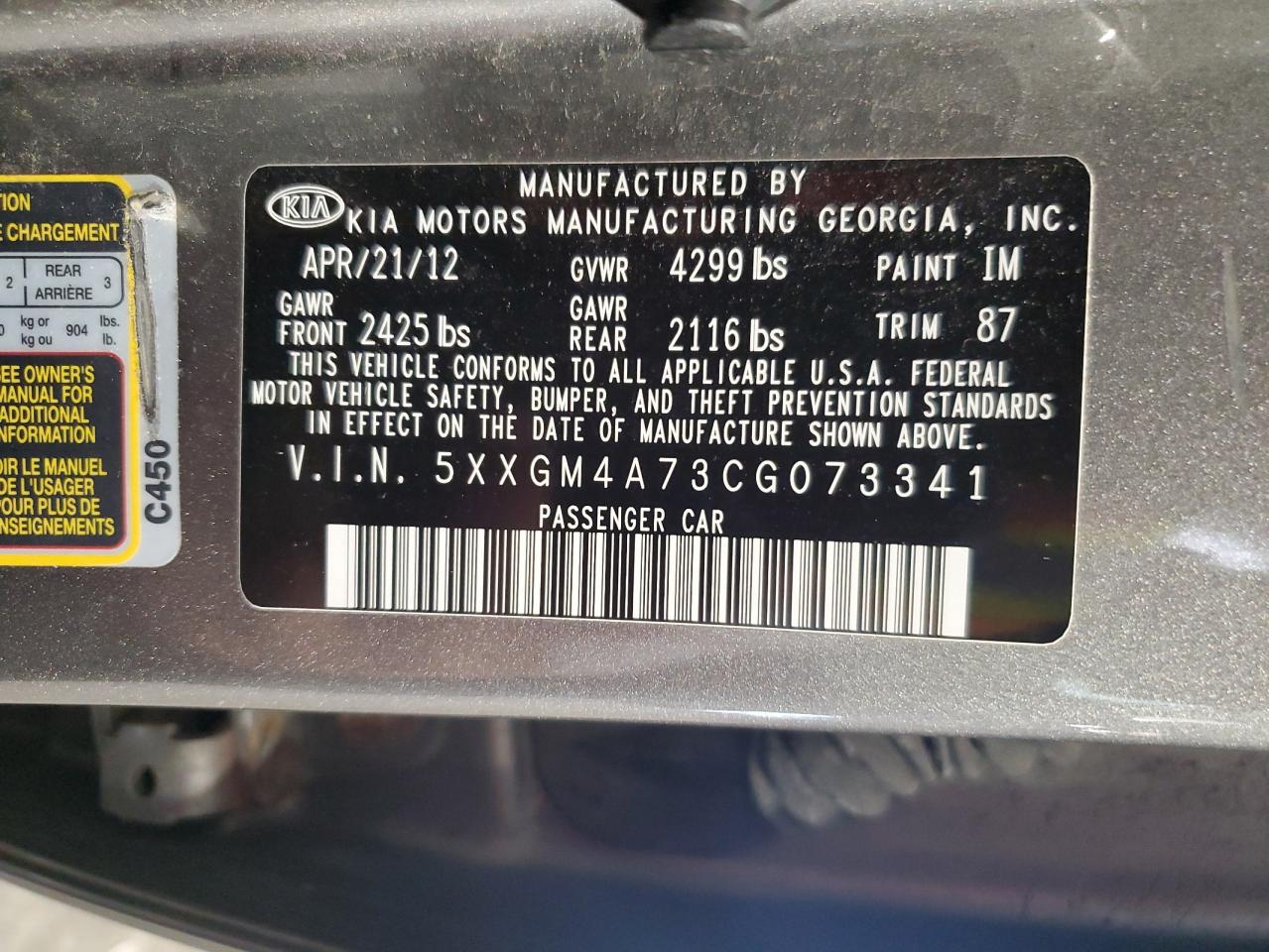 2012 Kia Optima Lx VIN: 5XXGM4A73CG073341 Lot: 64757125