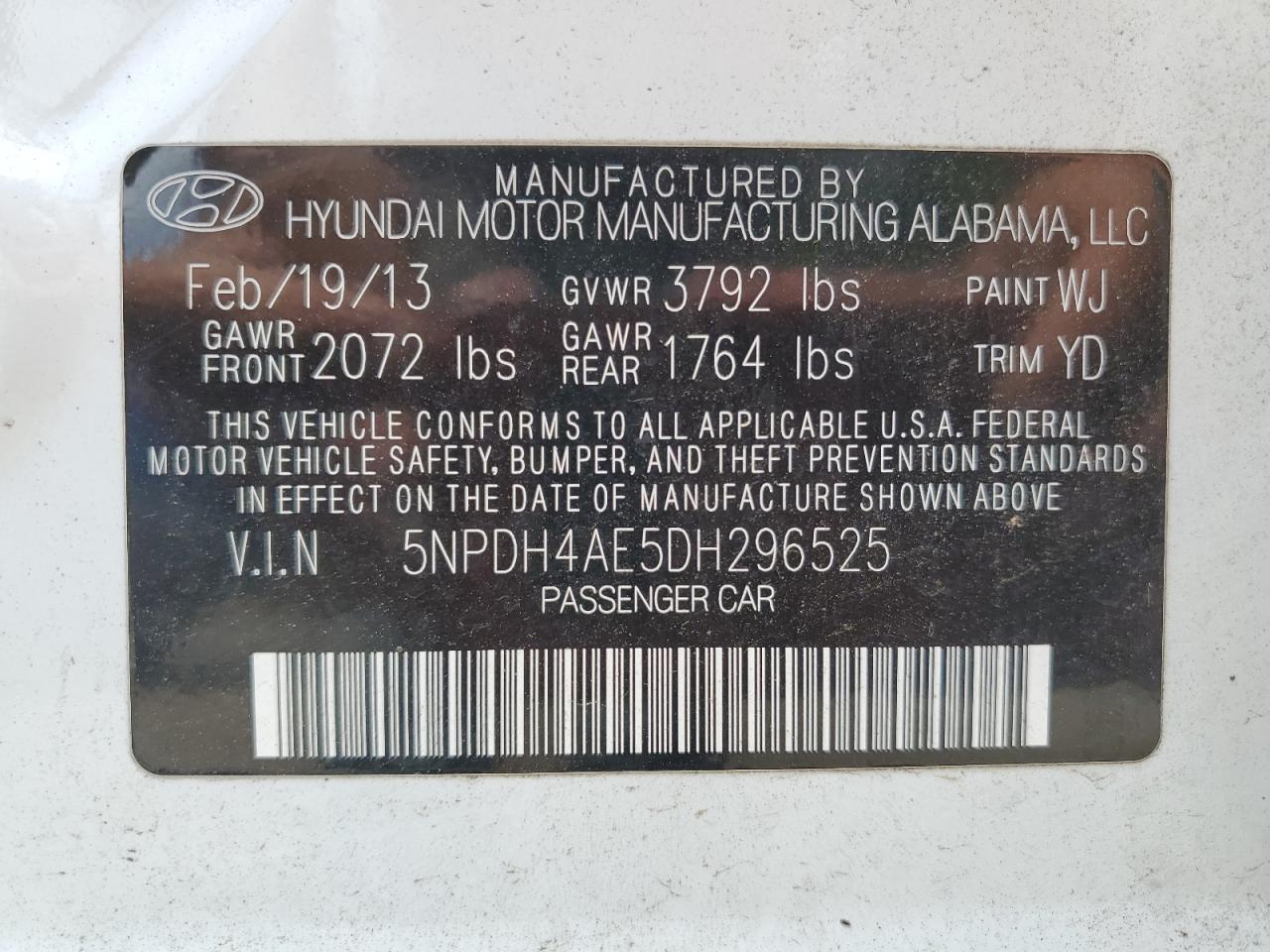 2013 Hyundai Elantra Gls VIN: 5NPDH4AE5DH296525 Lot: 64596835