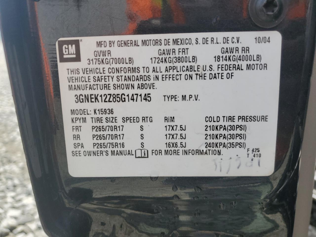 3gnek12z85g147145 3GNEK12Z85G147145 2005 Chevrolet Avalanche K1500