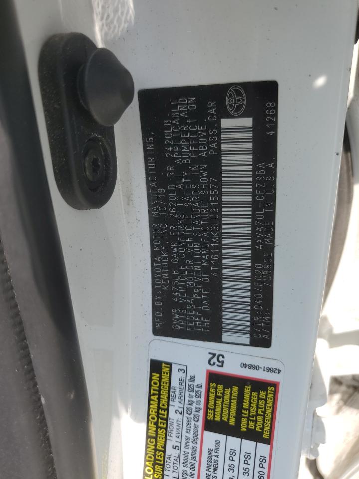 2020 Toyota Camry Se VIN: 4T1G11AK3LU315577 Lot: 64121515