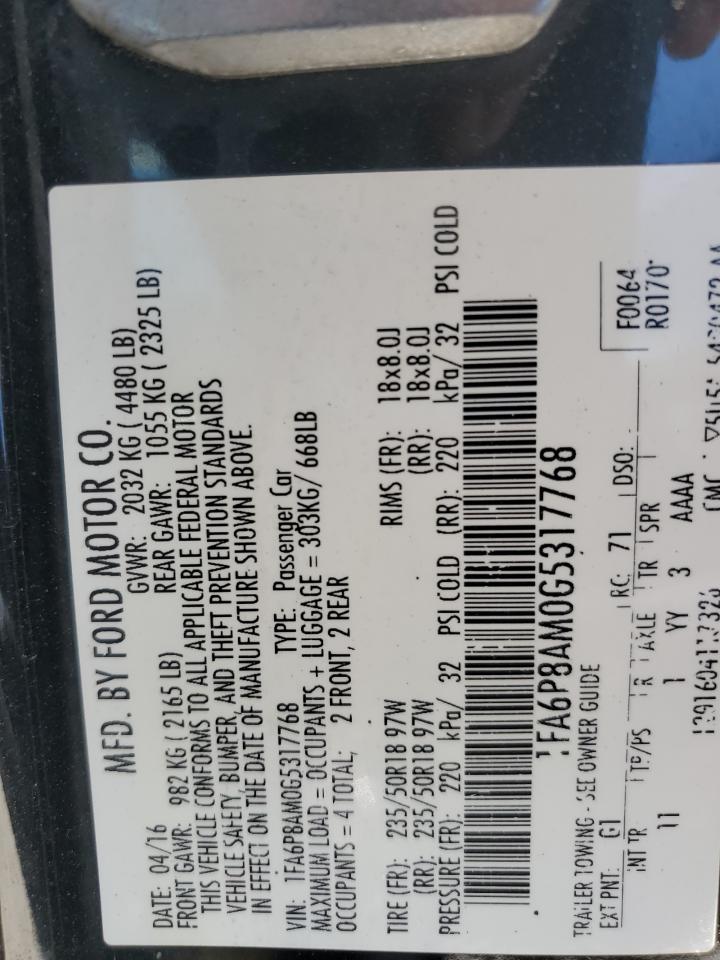 2016 Ford Mustang VIN: 1FA6P8AM0G5317768 Lot: 66488555